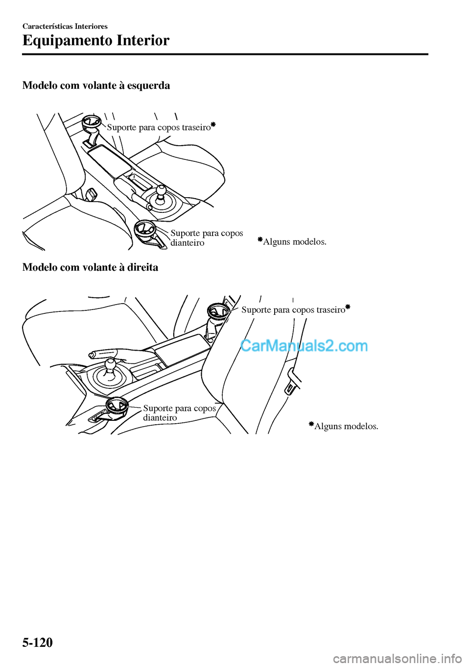 MAZDA MODEL MX-5 RF 2017 Manual do proprietário (in Portuguese) Modelo com volante à esquerda
Suporte para copos traseiro
Alguns modelos.Suporte para copos
dianteiro
Modelo com volante à direita
Suporte para copos traseiro
Suporte para copos
dianteiro
Algu MAZDA MODEL MX-5 RF 2017 Manual do proprietário (in Portuguese) Modelo com volante à esquerda
Suporte para copos traseiro
Alguns modelos.Suporte para copos
dianteiro
Modelo com volante à direita
Suporte para copos traseiro
Suporte para copos
dianteiro
Algu