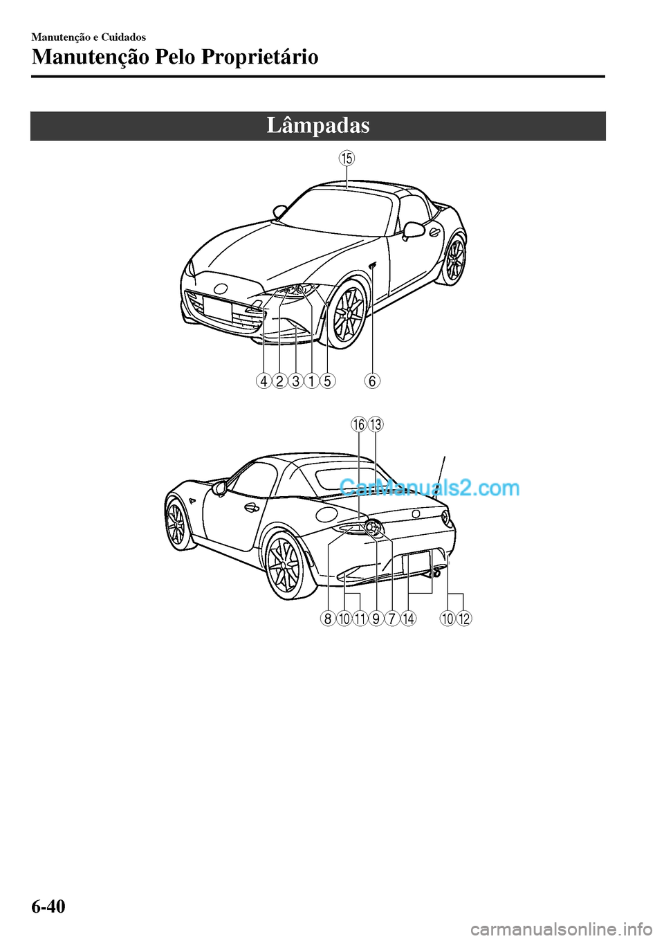 MAZDA MODEL MX-5 RF 2017 Manual do proprietário (in Portuguese) Lâmpadas
6
15
1316
15234
1011141012789
Manutenção e Cuidados
Manutenção Pelo Proprietário
6-40 MAZDA MODEL MX-5 RF 2017 Manual do proprietário (in Portuguese) Lâmpadas
6
15
1316
15234
1011141012789
Manutenção e Cuidados
Manutenção Pelo Proprietário
6-40