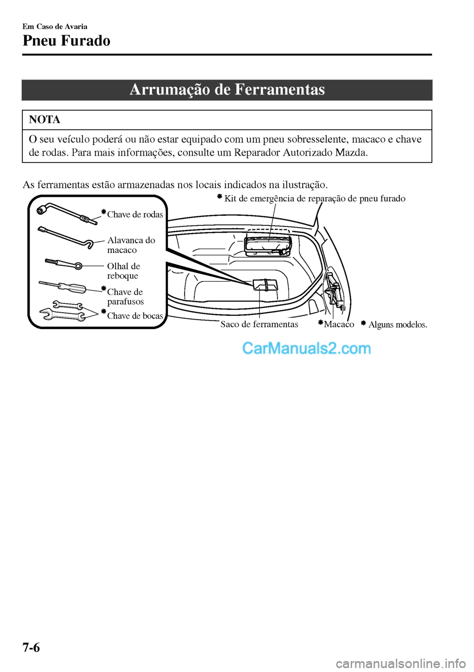MAZDA MODEL MX-5 RF 2017 Manual do proprietário (in Portuguese) Arrumação de Ferramentas
NOTA
O seu veículo poderá ou não estar equipado com um pneu sobresselente, macaco e chave
de rodas. Para mais informações, consulte um Reparador Autorizado Mazda.
As fe MAZDA MODEL MX-5 RF 2017 Manual do proprietário (in Portuguese) Arrumação de Ferramentas
NOTA
O seu veículo poderá ou não estar equipado com um pneu sobresselente, macaco e chave
de rodas. Para mais informações, consulte um Reparador Autorizado Mazda.
As fe