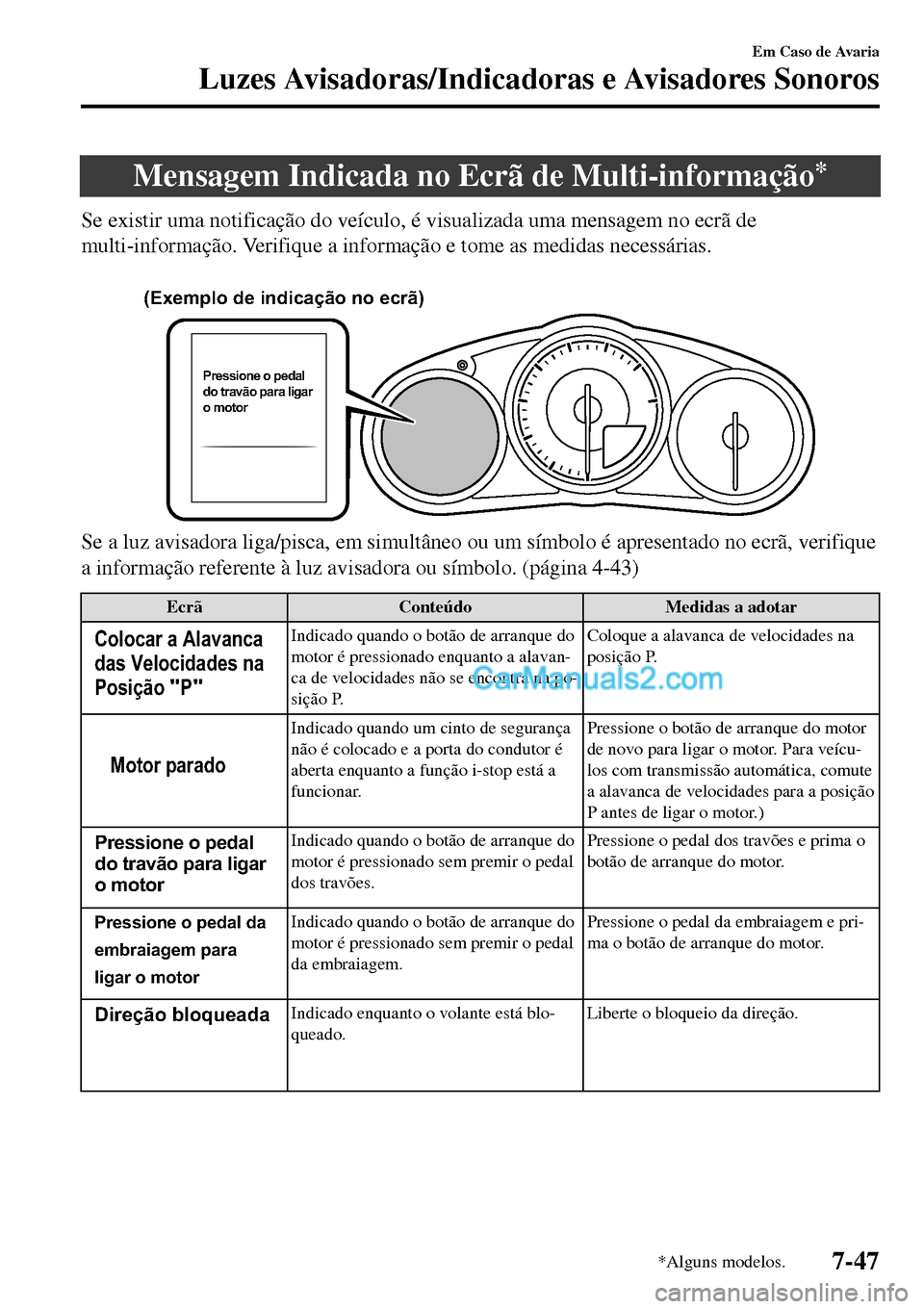 MAZDA MODEL MX-5 RF 2017 Manual do proprietário (in Portuguese) Mensagem Indicada no Ecrã de Multi-informação*
Se existir uma notificação do veículo, é visualizada uma mensagem no ecrã de
multi-informação. Verifique a informação e tome as medidas neces MAZDA MODEL MX-5 RF 2017 Manual do proprietário (in Portuguese) Mensagem Indicada no Ecrã de Multi-informação*
Se existir uma notificação do veículo, é visualizada uma mensagem no ecrã de
multi-informação. Verifique a informação e tome as medidas neces