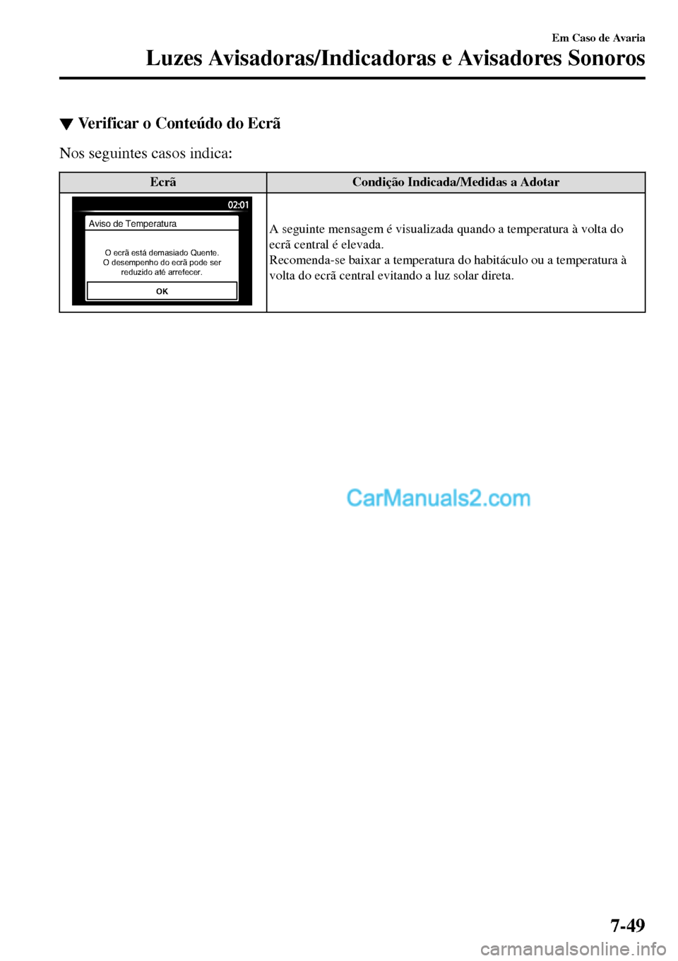MAZDA MODEL MX-5 RF 2017 Manual do proprietário (in Portuguese) ▼Verificar o Conteúdo do Ecrã
Nos seguintes casos indica:
Ecrã Condição Indicada/Medidas a Adotar
OK
O ecrã está demasiado Quente.
O desempenho do ecrã pode ser
reduzido até arrefecer.
Av MAZDA MODEL MX-5 RF 2017 Manual do proprietário (in Portuguese) ▼Verificar o Conteúdo do Ecrã
Nos seguintes casos indica:
Ecrã Condição Indicada/Medidas a Adotar
OK
O ecrã está demasiado Quente.
O desempenho do ecrã pode ser
reduzido até arrefecer.
Av