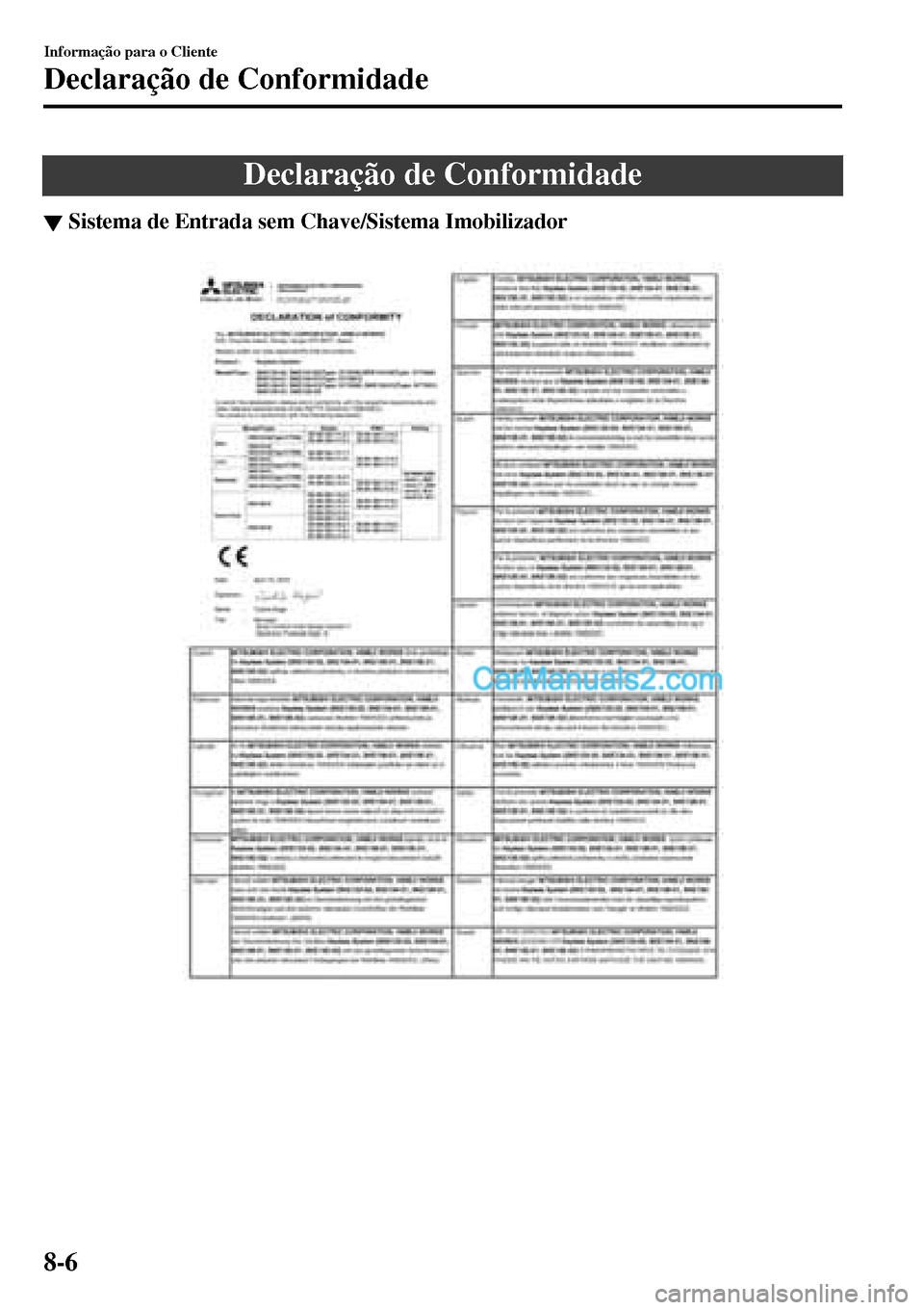 MAZDA MODEL MX-5 RF 2017  Manual do proprietário (in Portuguese) Declaração de Conformidade
▼Sistema de Entrada sem Chave/Sistema Imobilizador
Informa