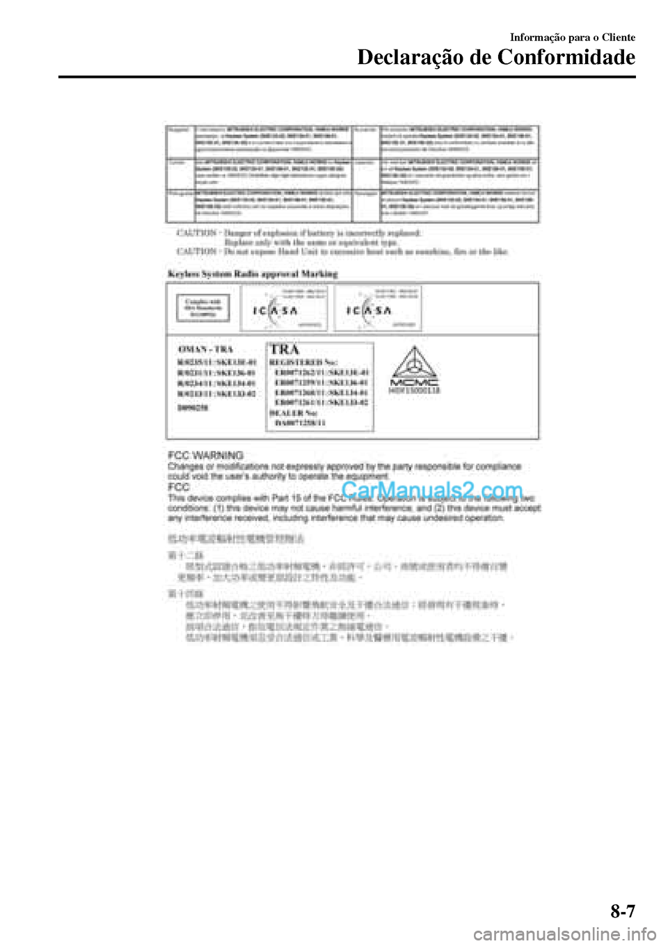 MAZDA MODEL MX-5 RF 2017  Manual do proprietário (in Portuguese) Informação para o Cliente
Declaração de Conformidade
8-7  