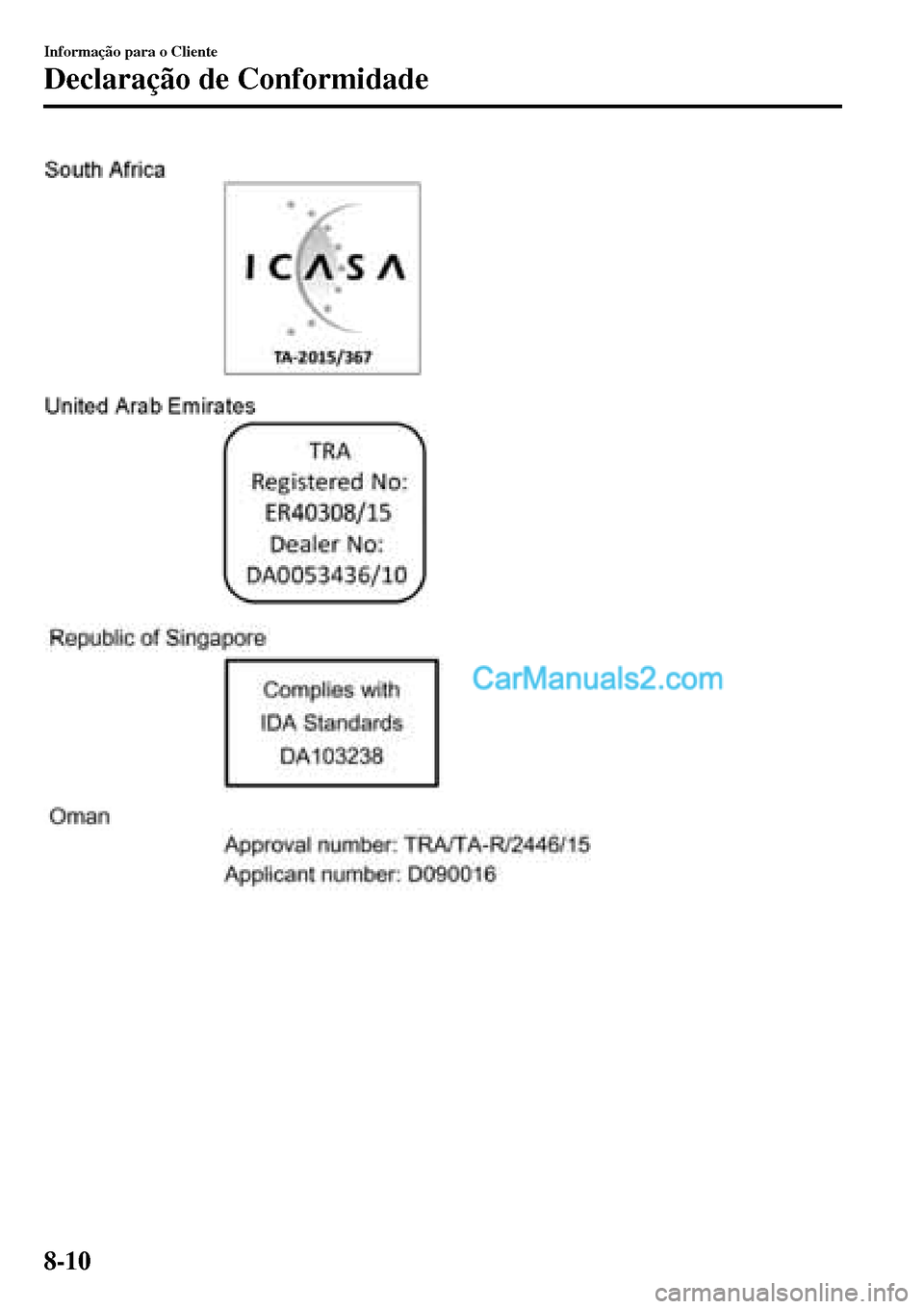MAZDA MODEL MX-5 RF 2017  Manual do proprietário (in Portuguese) Informação para o Cliente
Declaração de Conformidade
8-10  