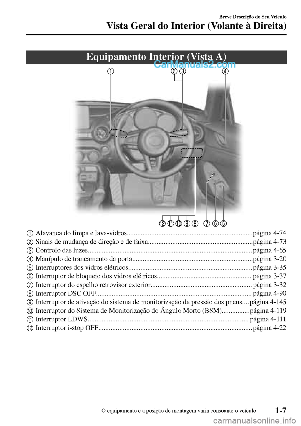 MAZDA MODEL MX-5 RF 2017  Manual do proprietário (in Portuguese) Equipamento Interior (Vista A)
1Alavanca do limpa e lava-vidros........................................................................ página 4-74
2Sinais de mudança de direção e de faixa........