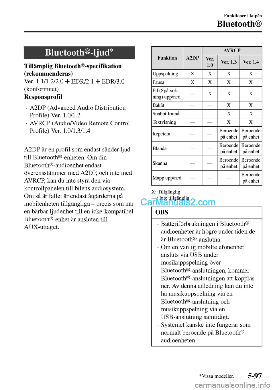 MAZDA MODEL MX-5 RF 2017  Ägarmanual (in Swedish) Bluetooth®-ljud*
Tillämplig Bluetooth®-specifikation
(rekommenderas)
Ver. 1.1/1.2/2.0 
 EDR/2.1  EDR/3.0
(konformitet)
Responsprofil
•A2DP (Advanced Audio Distribution
Profile) Ver. 1.0/1.2
•AV
