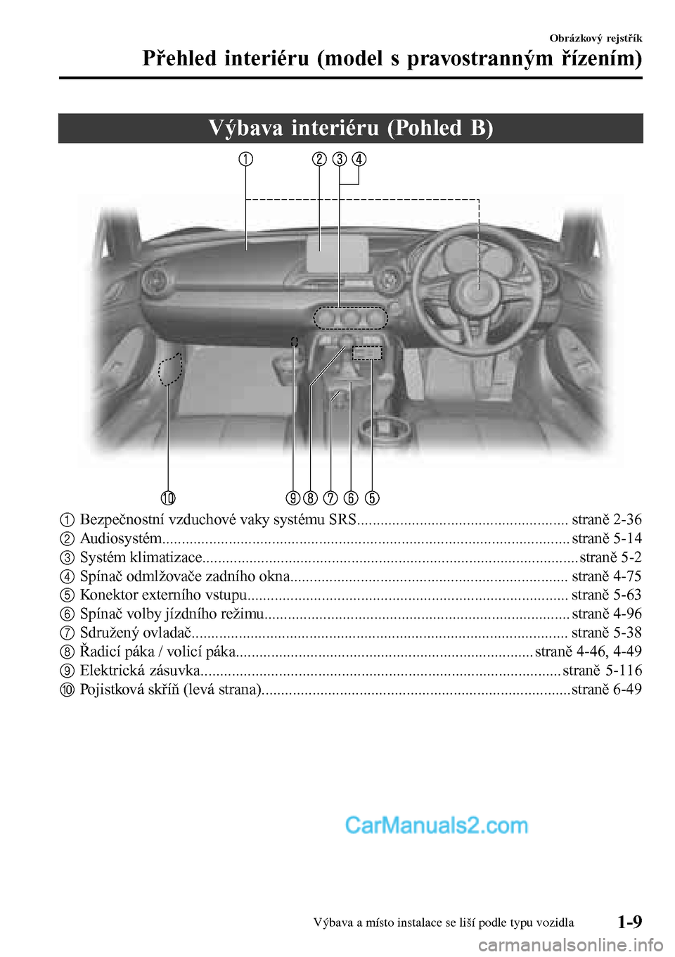 MAZDA MODEL MX-5 RF 2017  Návod k obsluze (in Czech) Výbava interiéru (Pohled B)
1Bezpečnostní vzduchové vaky systému SRS...................................................... straně 2-36
2Audiosystém.............................................