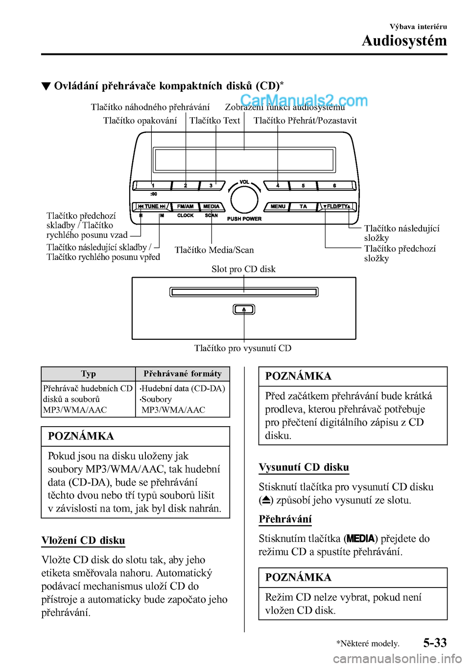 MAZDA MODEL MX-5 RF 2017  Návod k obsluze (in Czech) ▼Ovládání přehrávače kompaktních disků (CD)*
Tlačítko pro vysunutí CDSlot pro CD disk Tlačítko Media/ScanTlačítko předchozí 
složky Tlačítko následující 
složky Tlačítko P�