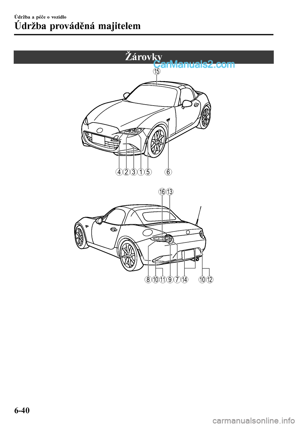 MAZDA MODEL MX-5 RF 2017  Návod k obsluze (in Czech) Žárovky
6
15
1316
15234
1011141012789
Údržba a péče o vozidlo
Údržba prováděná majitelem
6-40  