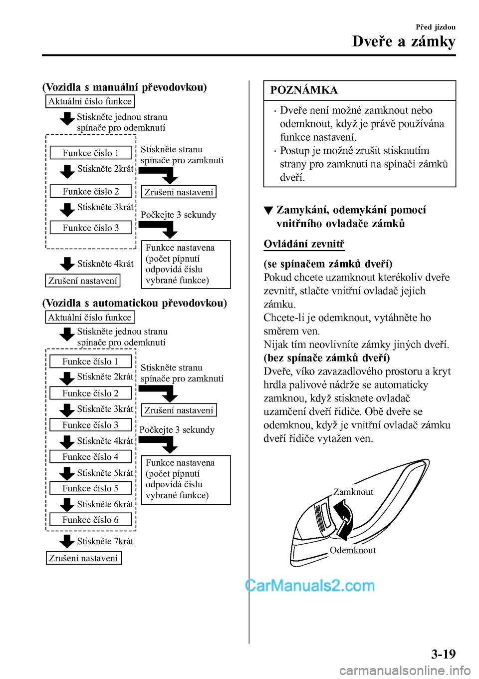 MAZDA MODEL MX-5 RF 2017  Návod k obsluze (in Czech) (Vozidla s manuální převodovkou)
Stiskněte 2krát
Stiskněte 3krát
Aktuální číslo funkce
Funkce číslo 1
Funkce číslo 2
Funkce číslo 3
Stiskněte 4krát
Stiskněte jednou stranu 
spína