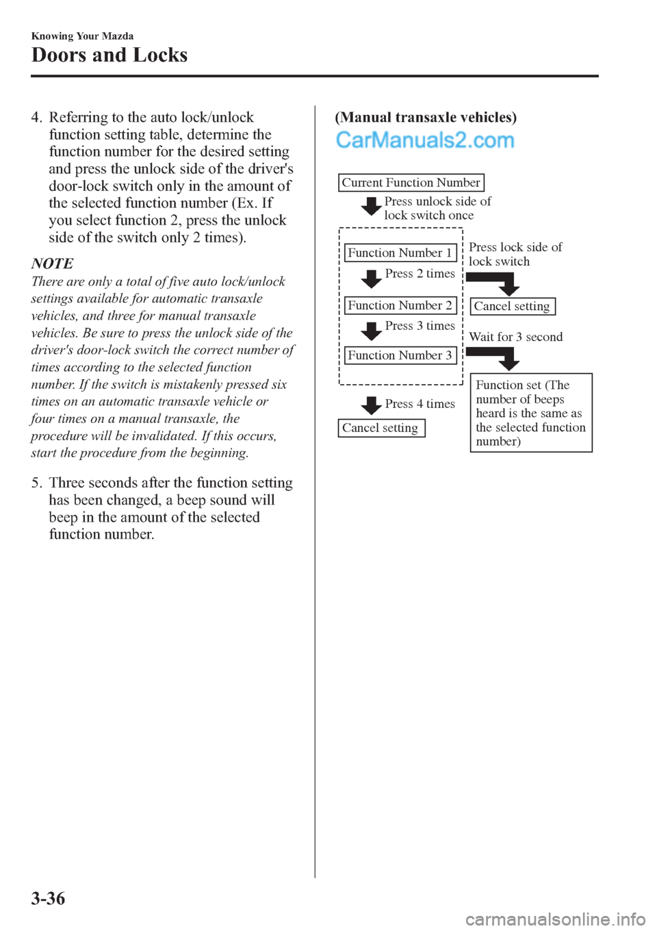 MAZDA MODEL MAZDASPEED 3 2013 Owners Manual (in English) 4. Referring to the auto lock/unlock
function setting table, determine the
function number for the desired setting
and press the unlock side of the drivers
door-lock switch only in the amount of
the MAZDA MODEL MAZDASPEED 3 2013 Owners Manual (in English) 4. Referring to the auto lock/unlock
function setting table, determine the
function number for the desired setting
and press the unlock side of the drivers
door-lock switch only in the amount of
the