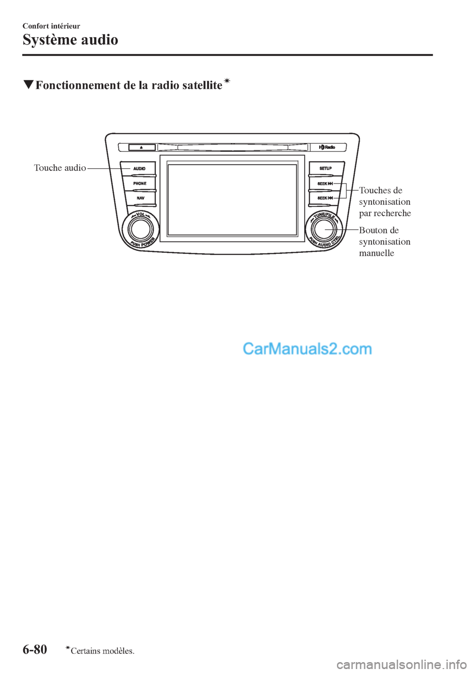 MAZDA MODEL MAZDASPEED 3 2013  Manuel du propriétaire (in French) qFonctionnement de la radio satelliteí
Touche audio
Touches de 
syntonisation 
par recherche
Bouton de 
syntonisation 
manuelle
6-80
Confort intérieur
íCertains modèles.
Système audio  