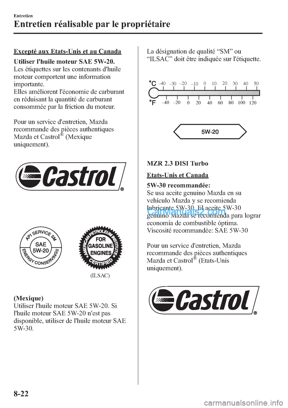 MAZDA MODEL MAZDASPEED 3 2013 Manuel du propriétaire (in French) Excepté aux Etats-Unis et au Canada
Utiliser lhuile moteur SAE 5W-20.
Les étiquettes sur les contenants dhuile
moteur comportent une information
importante.
Elles améliorent léconomie de carbur MAZDA MODEL MAZDASPEED 3 2013 Manuel du propriétaire (in French) Excepté aux Etats-Unis et au Canada
Utiliser lhuile moteur SAE 5W-20.
Les étiquettes sur les contenants dhuile
moteur comportent une information
importante.
Elles améliorent léconomie de carbur