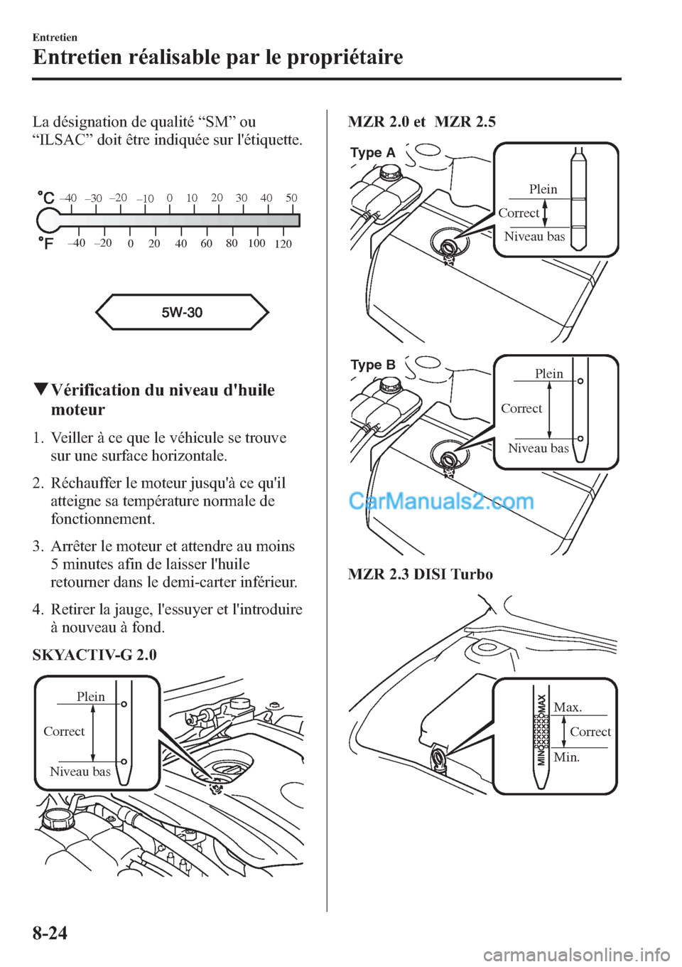 MAZDA MODEL MAZDASPEED 3 2013 Manuel du propriétaire (in French) La désignation de qualité“SM”ou
“ILSAC”doit être indiquée sur létiquette.
80
60
40 20
0 –40 –20
30
120 100
50 40 20
10 0
–10 –20
–30 –40
qVérification du niveau dhuile
mote MAZDA MODEL MAZDASPEED 3 2013 Manuel du propriétaire (in French) La désignation de qualité“SM”ou
“ILSAC”doit être indiquée sur létiquette.
80
60
40 20
0 –40 –20
30
120 100
50 40 20
10 0
–10 –20
–30 –40
qVérification du niveau dhuile
mote