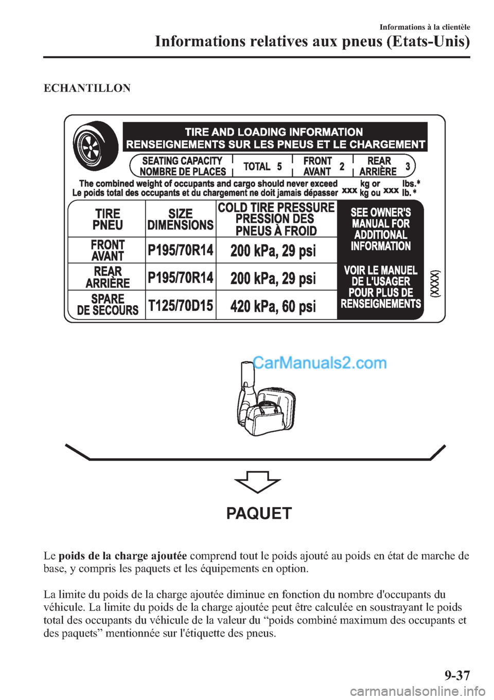 MAZDA MODEL MAZDASPEED 3 2013  Manuel du propriétaire (in French) ECHANTILLON
PAQUET
Lepoids de la charge ajoutéecomprend tout le poids ajouté au poids en état de marche de
base, y compris les paquets et les équipements en option.
La limite du poids de la charge