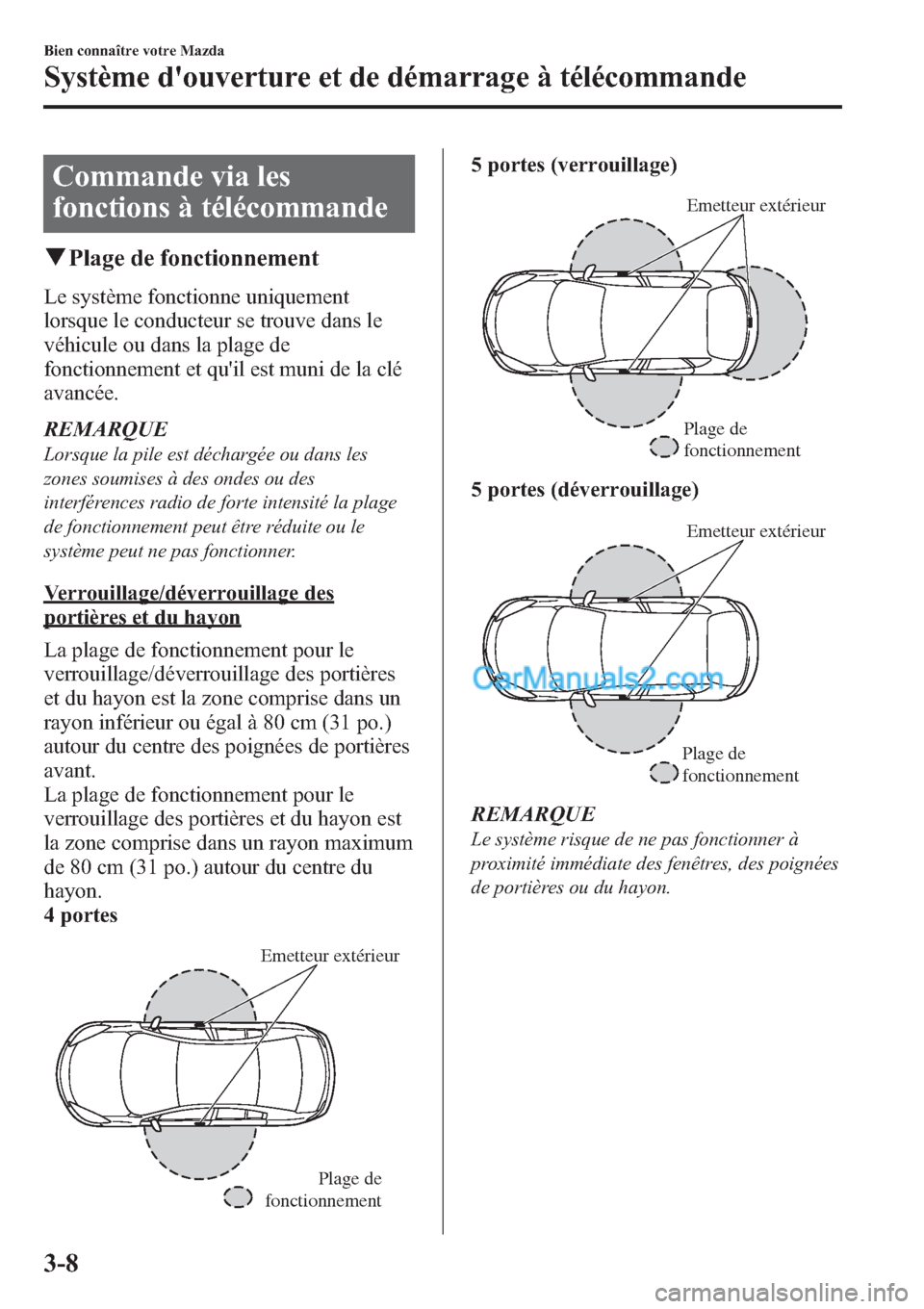 MAZDA MODEL MAZDASPEED 3 2013 Manuel du propriétaire (in French) Commande via les
fonctions à télécommande
qPlage de fonctionnement
Le système fonctionne uniquement
lorsque le conducteur se trouve dans le
véhicule ou dans la plage de
fonctionnement et quil es MAZDA MODEL MAZDASPEED 3 2013 Manuel du propriétaire (in French) Commande via les
fonctions à télécommande
qPlage de fonctionnement
Le système fonctionne uniquement
lorsque le conducteur se trouve dans le
véhicule ou dans la plage de
fonctionnement et quil es