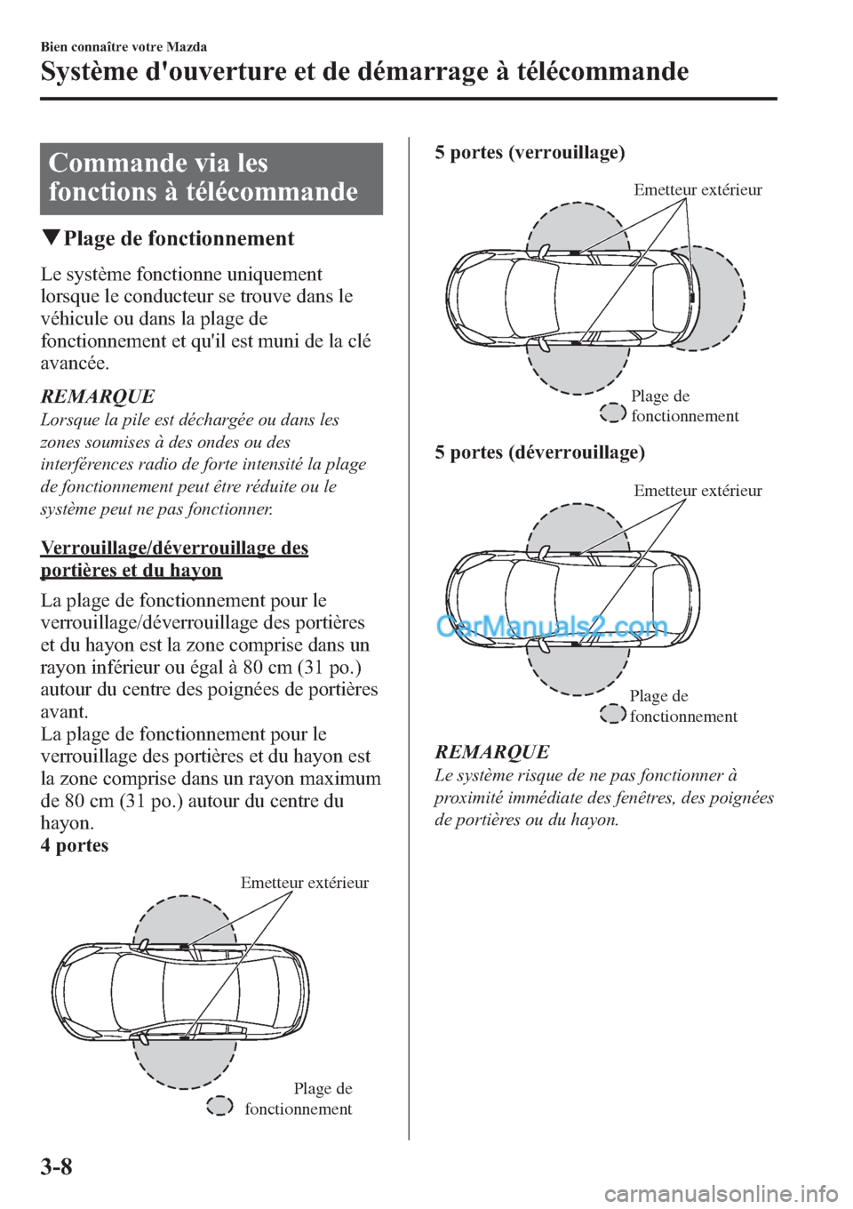 MAZDA MODEL MAZDASPEED 3 2013  Manuel du propriétaire (in French) Commande via les
fonctions à télécommande
qPlage de fonctionnement
Le système fonctionne uniquement
lorsque le conducteur se trouve dans le
véhicule ou dans la plage de
fonctionnement et quil es