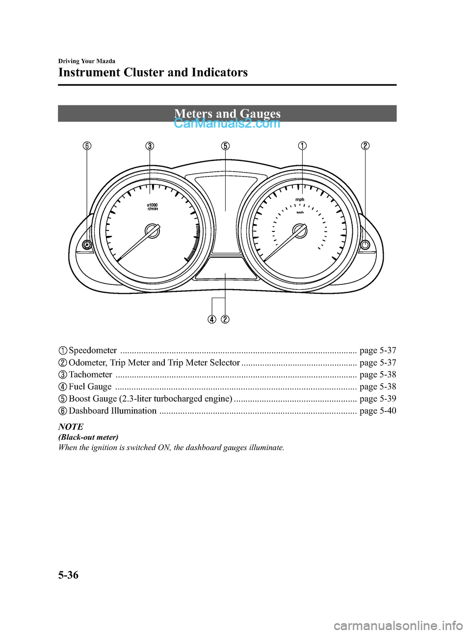 MAZDA MODEL MAZDASPEED 3 2012  Owners Manual (in English) Black plate (196,1)
Meters and Gauges
Speedometer ...................................................................................................... page 5-37
Odometer, Trip Meter and Trip Meter S