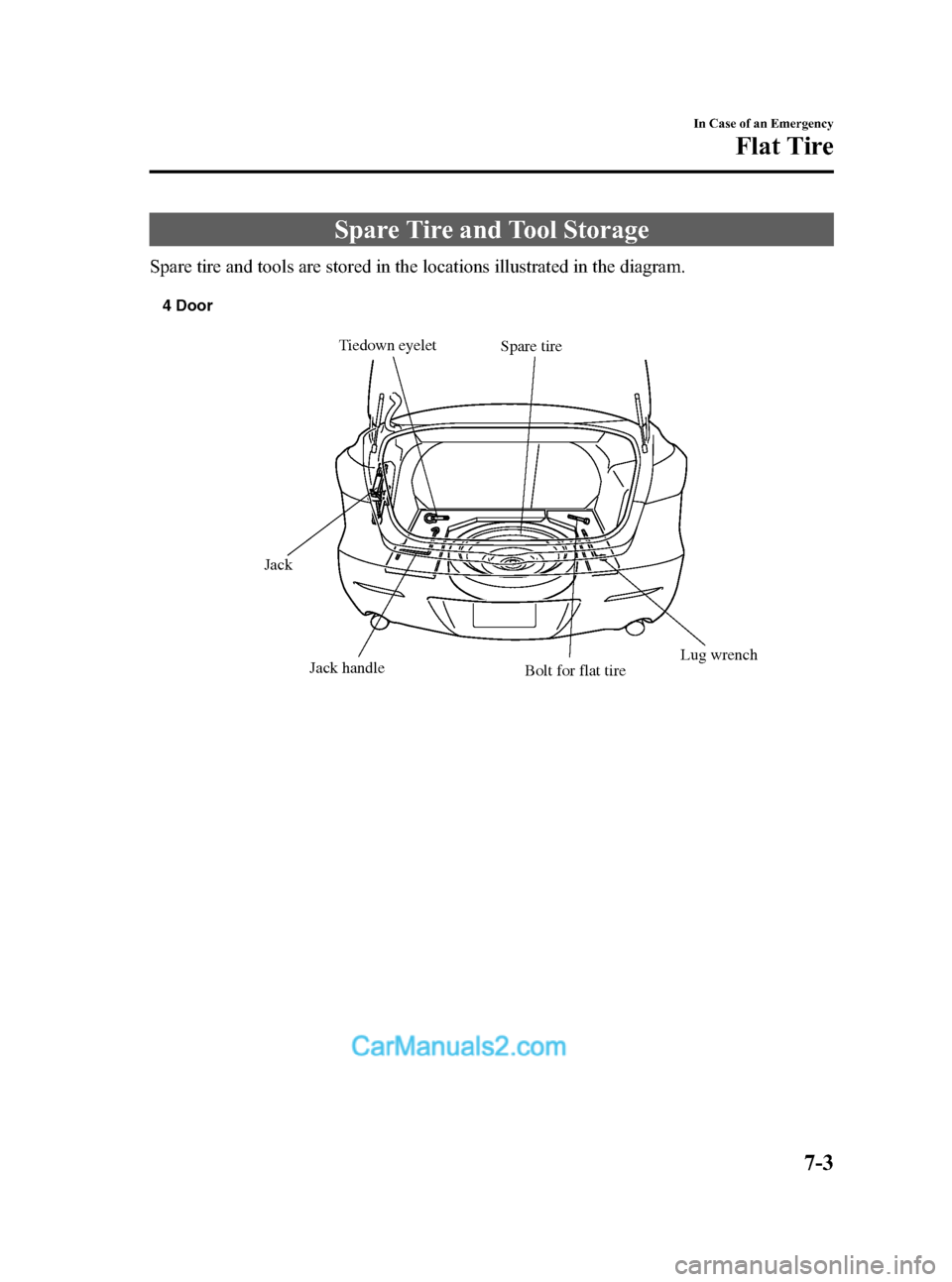 MAZDA MODEL MAZDASPEED 3 2012  Owners Manual (in English) Black plate (349,1)
Spare Tire and Tool Storage
Spare tire and tools are stored in the locations illustrated in the diagram.
Spare tire
Jack
Jack handleTiedown eyelet
Lug wrench
Bolt for flat tire 4 D
