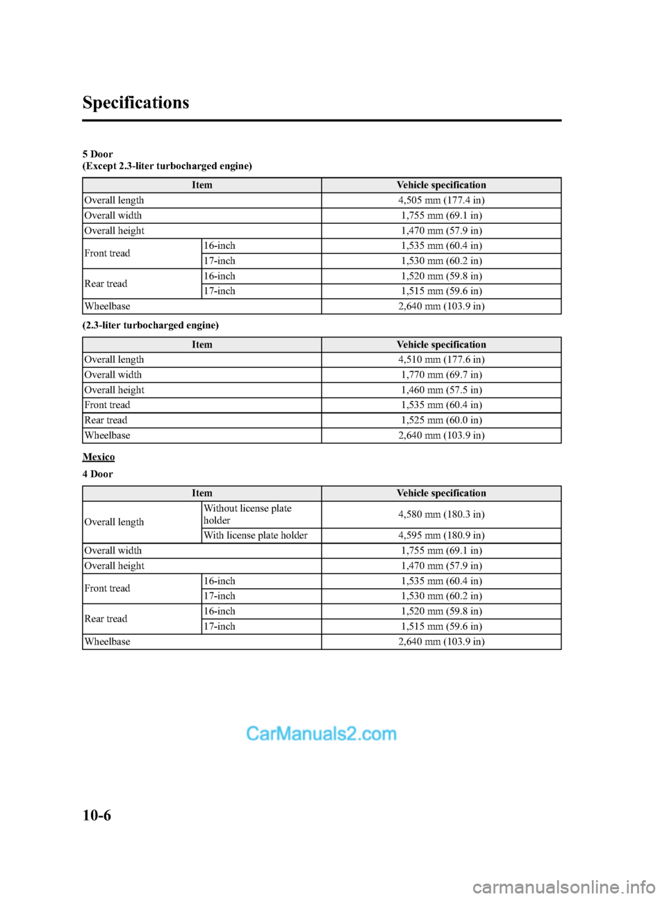 MAZDA MODEL MAZDASPEED 3 2012  Owners Manual (in English) Black plate (492,1)
5 Door
(Except 2.3-liter turbocharged engine)
Item Vehicle specification
Overall length 4,505 mm (177.4 in)
Overall width 1,755 mm (69.1 in)
Overall height 1,470 mm (57.9 in)
Front