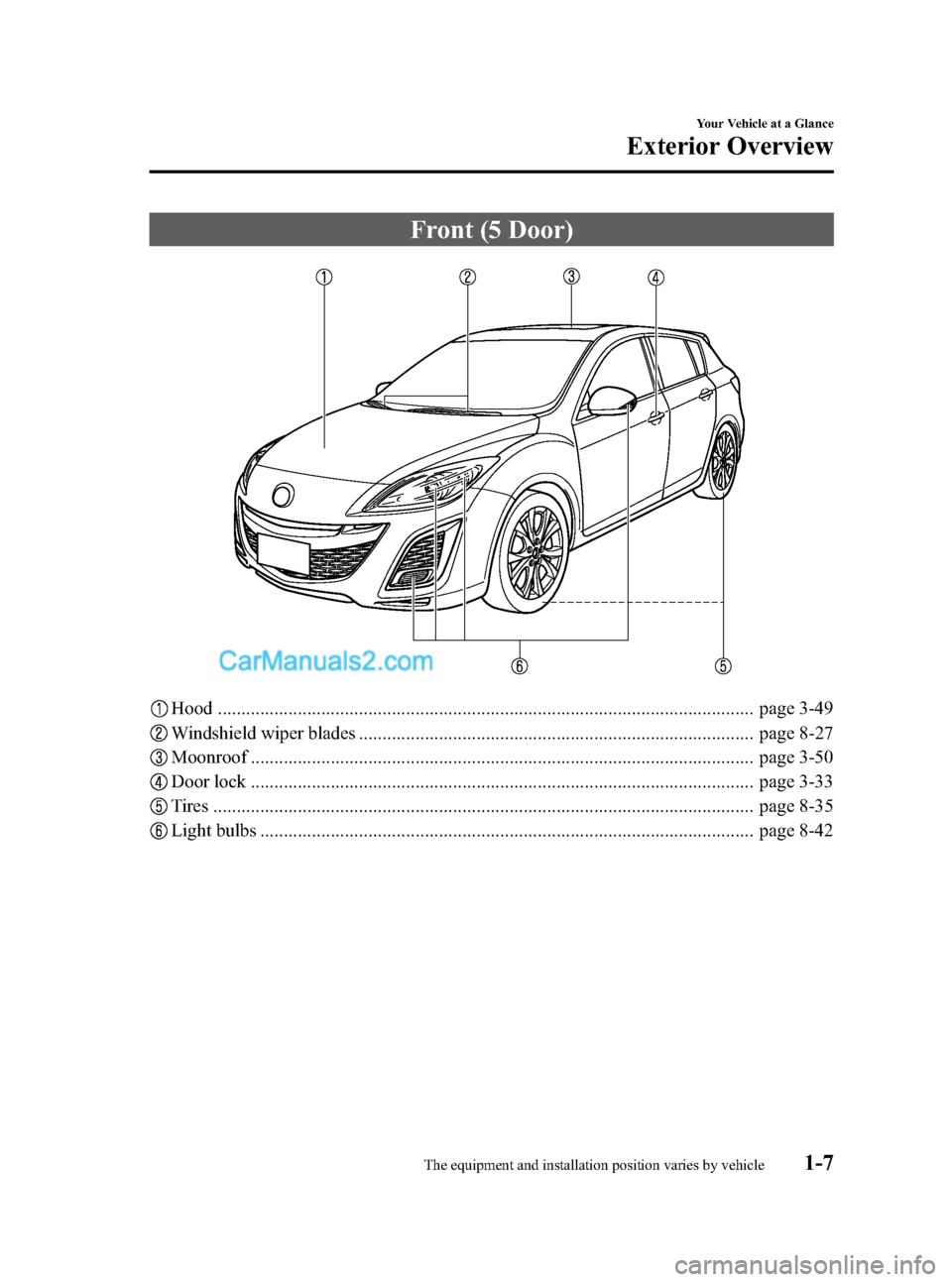 MAZDA MODEL MAZDASPEED 3 2011  Owners Manual (in English) Black plate (13,1)
Front (5 Door)
Hood .................................................................................................................. page 3-49
Windshield wiper blades ............