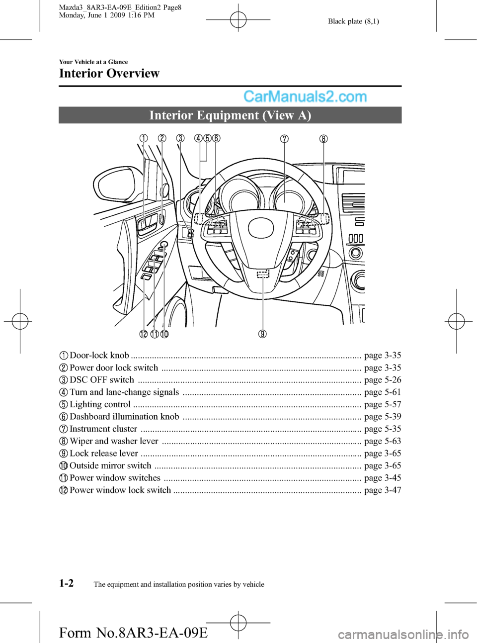 MAZDA MODEL MAZDASPEED 3 2010  Owners Manual (in English) Black plate (8,1)
Interior Equipment (View A)
Door-lock knob .................................................................................................. page 3-35
Power door lock switch .......