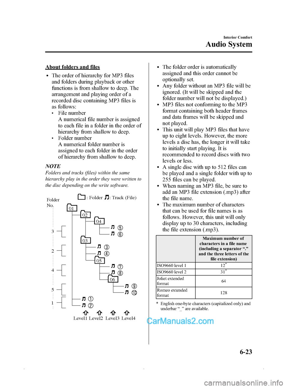 MAZDA MODEL MAZDASPEED 3 2009   (in English) User Guide Black plate (207,1)
About folders and files
lThe order of hierarchy for MP3 files
and folders during playback or other
functions is from shallow to deep. The
arrangement and playing order of a
recorde