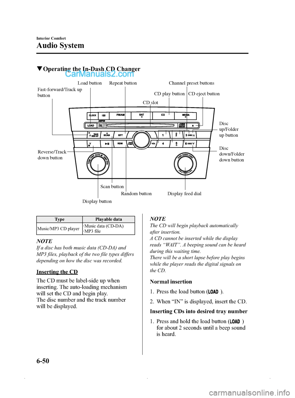 MAZDA MODEL MAZDASPEED 3 2009   (in English) Owners Guide Black plate (234,1)
qOperating the In-Dash CD Changer
Disc 
up/Folder 
up button
Disc 
down/Folder 
down button
Load button
Scan buttonRepeat button
CD slot CD eject button
CD play button
Display butt