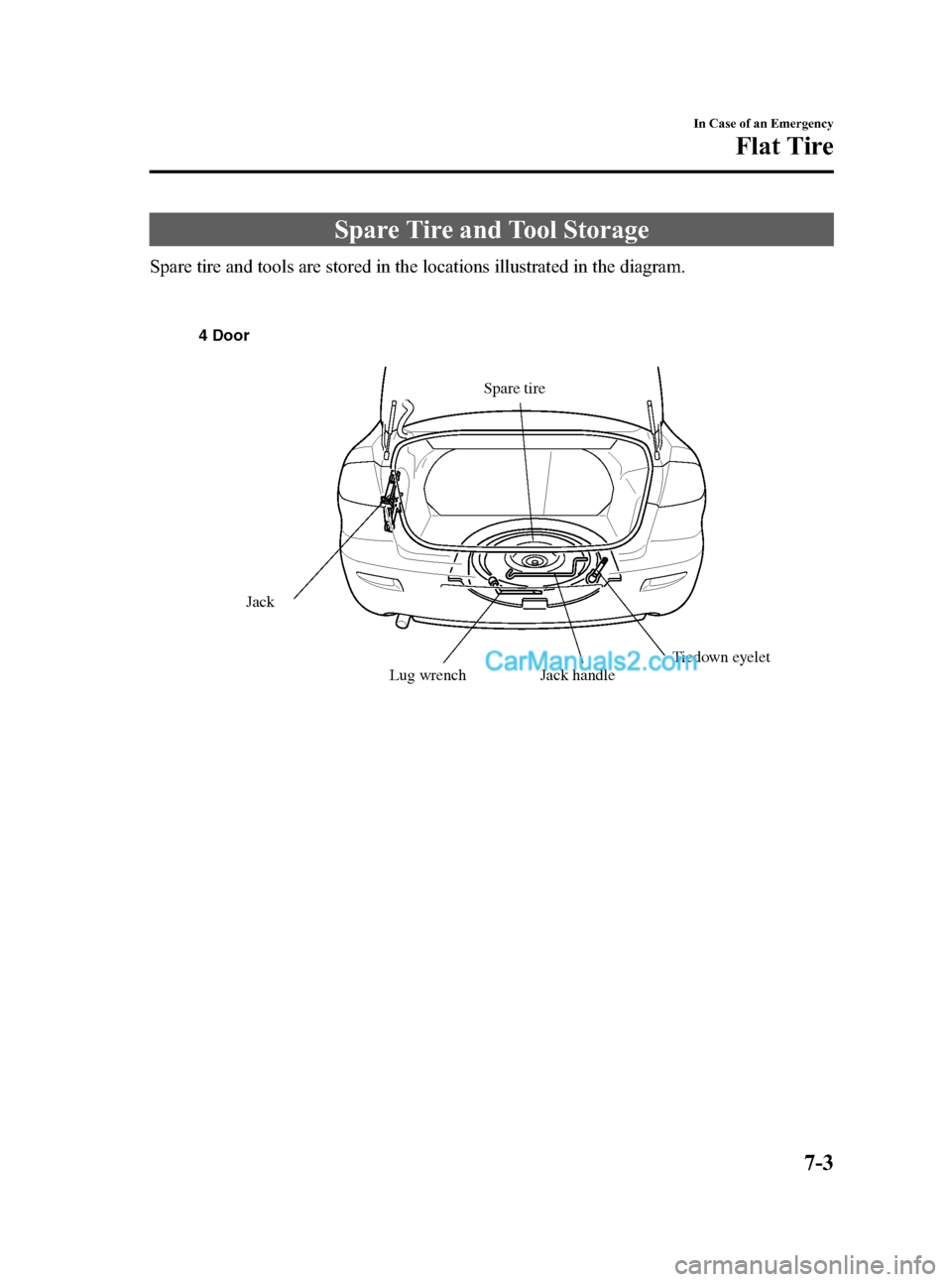 MAZDA MODEL MAZDASPEED 3 2008 Owners Manual (in English) Black plate (247,1)
Spare Tire and Tool Storage
Spare tire and tools are stored in the locations illustrated in the diagram.
Lug wrenchJack handleTiedown eyelet
Jack
Spare tire 4 Door
In Case of an Em MAZDA MODEL MAZDASPEED 3 2008 Owners Manual (in English) Black plate (247,1)
Spare Tire and Tool Storage
Spare tire and tools are stored in the locations illustrated in the diagram.
Lug wrenchJack handleTiedown eyelet
Jack
Spare tire 4 Door
In Case of an Em