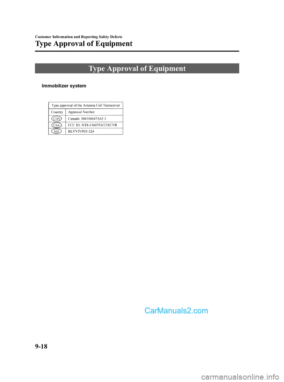 MAZDA MODEL MAZDASPEED 3 2008  Owners Manual (in English) Black plate (350,1)
Type Approval of Equipment
Immobilizer system
9-18
Customer Information and Reporting Safety Defects
Type Approval of Equipment
Mazda3_8X41-EA-07F_Edition1 Page350
Wednesday, April