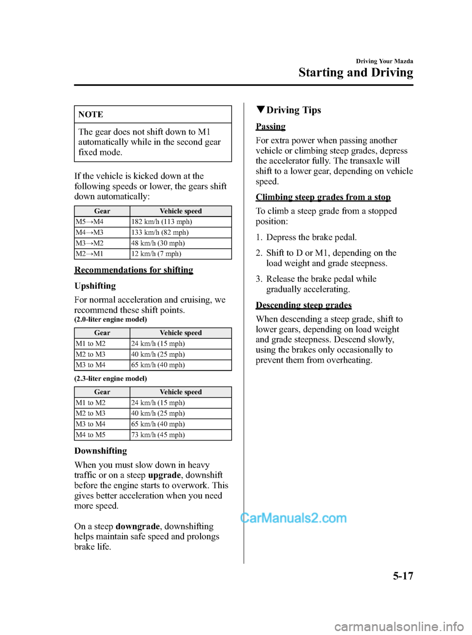 MAZDA MODEL MAZDASPEED 3 2007   (in English) Owners Manual Black plate (139,1)
NOTE
The gear does not shift down to M1
automatically while in the second gear
fixed mode.
If the vehicle is kicked down at the
following speeds or lower, the gears shift
down auto