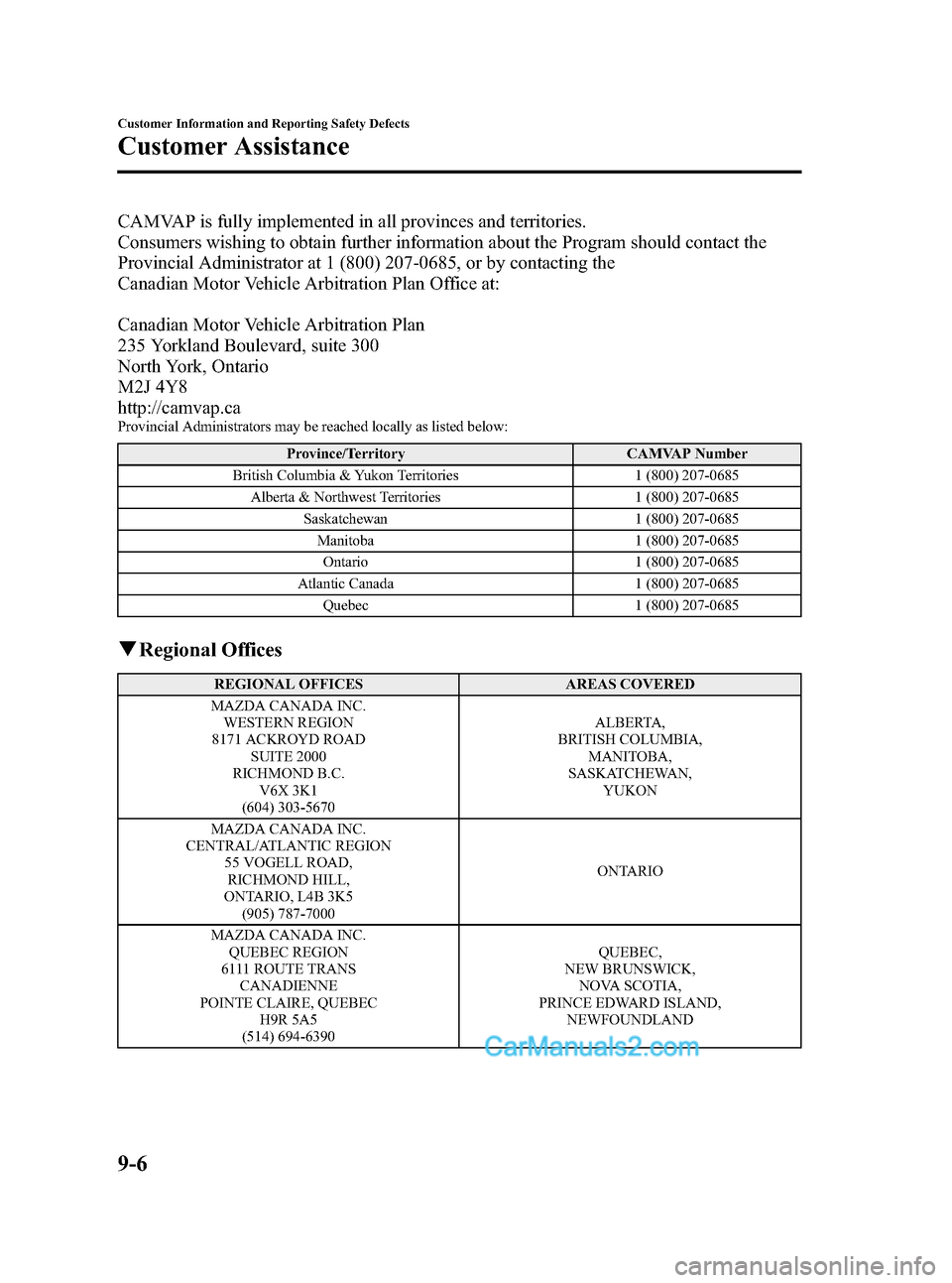 MAZDA MODEL MAZDASPEED 3 2007  Owners Manual (in English) Black plate (346,1)
CAMVAP is fully implemented in all provinces and territories.
Consumers wishing to obtain further information about the Program should contact the
Provincial Administrator at 1 (80