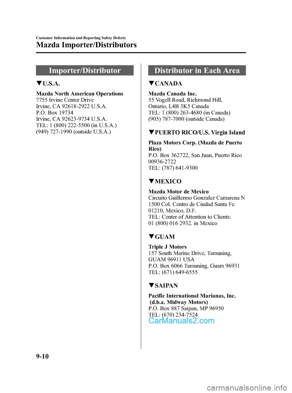 MAZDA MODEL MAZDASPEED 3 2007  Owners Manual (in English) Black plate (350,1)
Importer/Distributor
qU.S.A.
Mazda North American Operations
7755 Irvine Center Drive
Irvine, CA 92618-2922 U.S.A.
P.O. Box 19734
Irvine, CA 92623-9734 U.S.A.
TEL: 1 (800) 222-5500