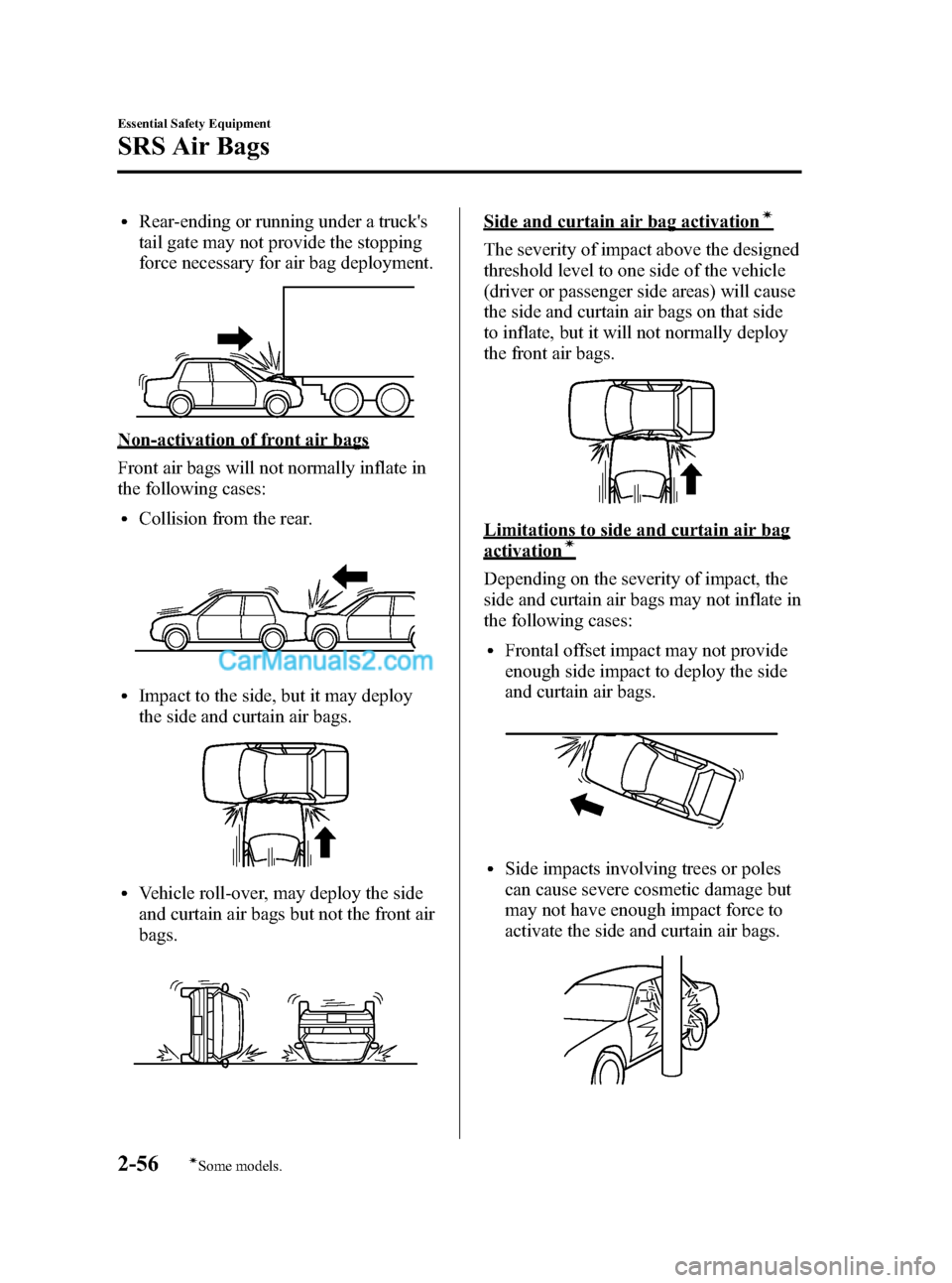 MAZDA MODEL MAZDASPEED 3 2007 Owners Manual (in English) Black plate (70,1)
lRear-ending or running under a trucks
tail gate may not provide the stopping
force necessary for air bag deployment.
Non-activation of front air bags
Front air bags will not norma MAZDA MODEL MAZDASPEED 3 2007 Owners Manual (in English) Black plate (70,1)
lRear-ending or running under a trucks
tail gate may not provide the stopping
force necessary for air bag deployment.
Non-activation of front air bags
Front air bags will not norma