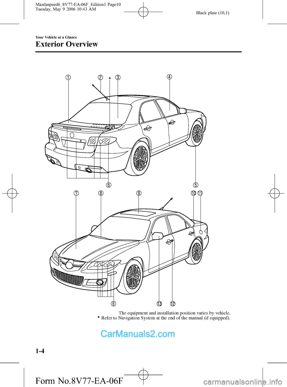 MAZDA MODEL MAZDASPEED 6 2007   (in English) User Guide Black plate (10,1)
The equipment and installation position varies by vehicle.
Refer to Navigation System at the end of the manual (if equipped).
1-4
Your Vehicle at a Glance
Exterior Overview
Mazdaspe
