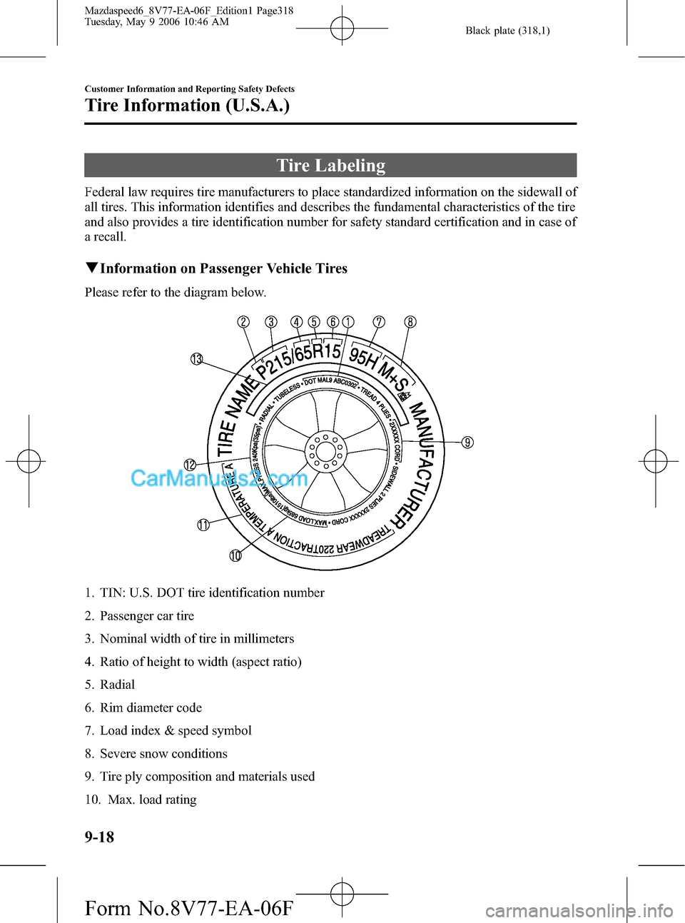 MAZDA MODEL MAZDASPEED 6 2007  Owners Manual (in English) Black plate (318,1)
Tire Labeling
Federal law requires tire manufacturers to place standardized information on the sidewall of
all tires. This information identifies and describes the fundamental char