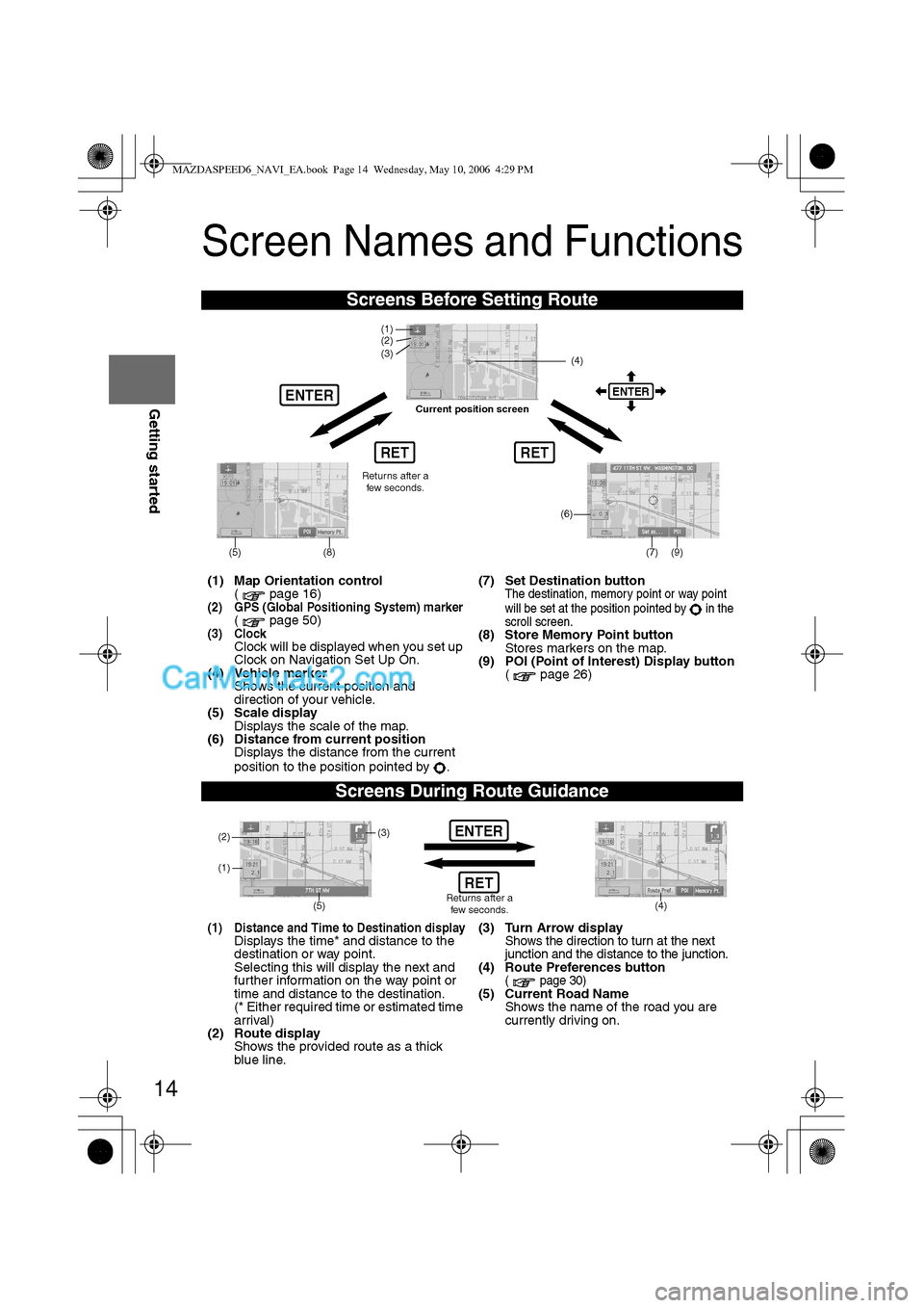 MAZDA MODEL MAZDASPEED 6 2007 Owners Manual (in English) 14
RoutingAddress
Book
Getting started
Screen Names and Functions
Screens Before Setting Route
(1) Map Orientation control
( page 16)
(2) GPS (Global Positioning System) marker( page 50)(3) ClockCloc MAZDA MODEL MAZDASPEED 6 2007 Owners Manual (in English) 14
RoutingAddress
Book
Getting started
Screen Names and Functions
Screens Before Setting Route
(1) Map Orientation control
( page 16)
(2) GPS (Global Positioning System) marker( page 50)(3) ClockCloc