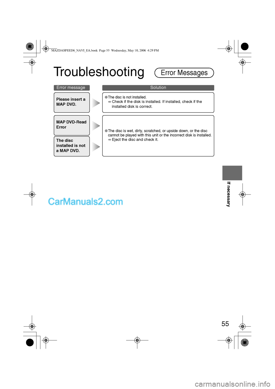 MAZDA MODEL MAZDASPEED 6 2007  Owners Manual (in English) 55
Before 
UseGetting 
startedRoutingAddress 
BookVoice 
Recognition
If necessary
Troubleshooting
Please insert a 
MAP DVD.lThe disc is not installed.Check if the disk is installed. If installed, chec