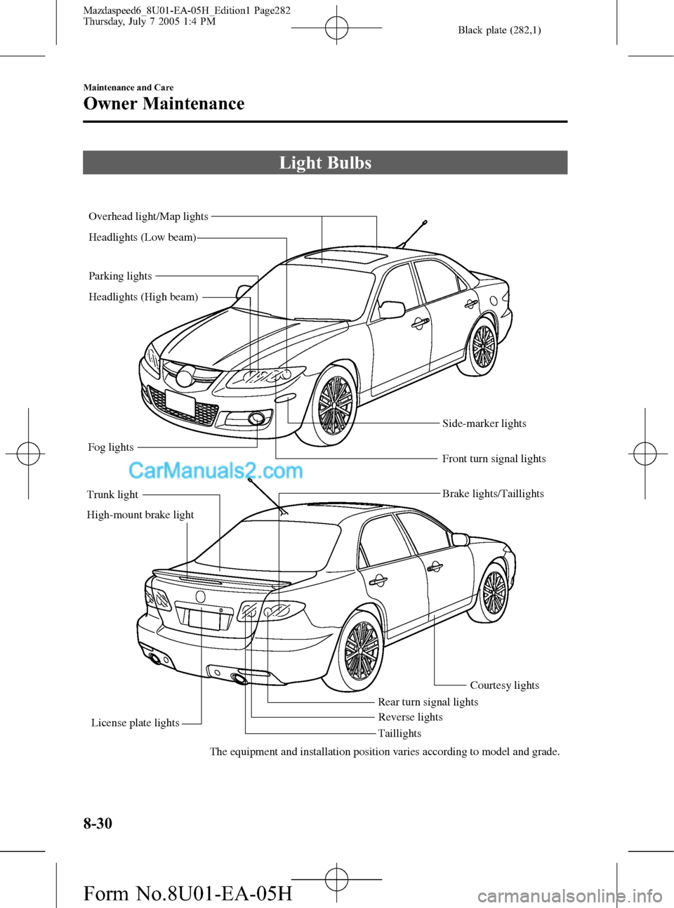 MAZDA MODEL MAZDASPEED 6 2006  Owners Manual (in English) Black plate (282,1)
Light Bulbs
Overhead light/Map lights
Fog lights
High-mount brake light Trunk lightBrake lights/Taillights
Rear turn signal lights
Reverse lights Parking lights
Front turn signal l