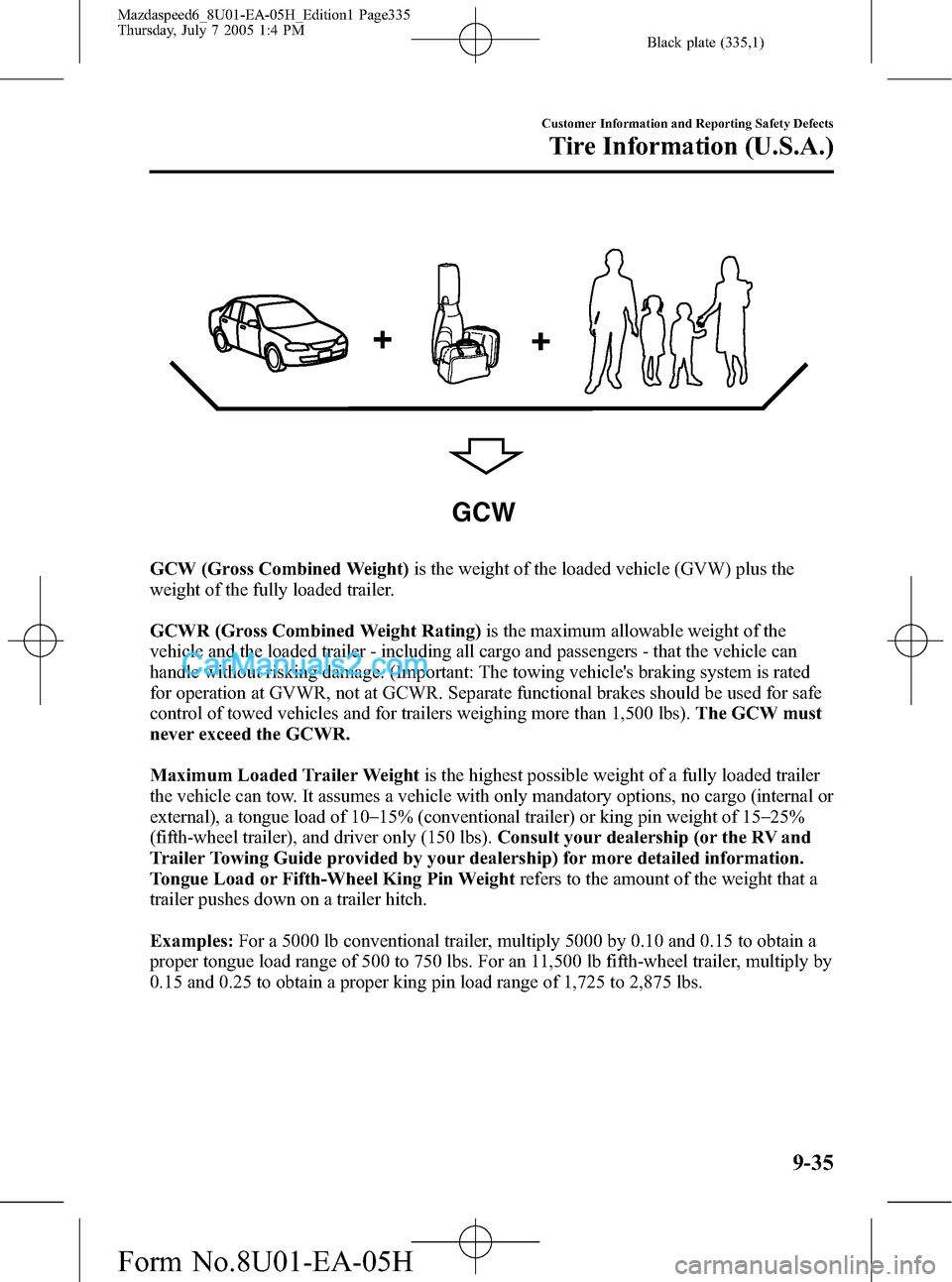 MAZDA MODEL MAZDASPEED 6 2006  Owners Manual (in English) Black plate (335,1)
GCW
GCW (Gross Combined Weight)is the weight of the loaded vehicle (GVW) plus the
weight of the fully loaded trailer.
GCWR (Gross Combined Weight Rating)is the maximum allowable we