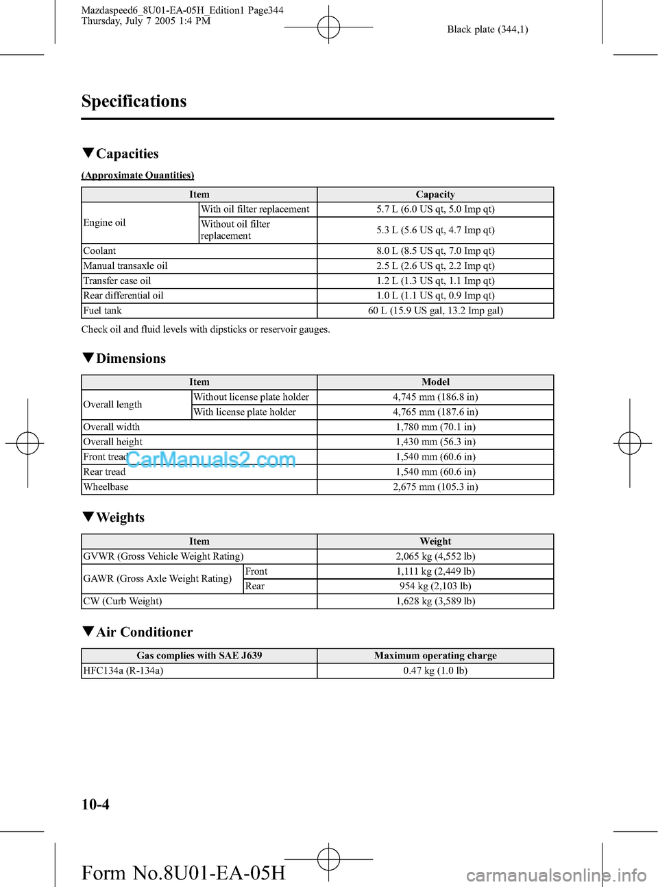 MAZDA MODEL MAZDASPEED 6 2006  Owners Manual (in English) Black plate (344,1)
qCapacities
(Approximate Quantities)
Item Capacity
Engine oilWith oil filter replacement 5.7 L (6.0 US qt, 5.0 Imp qt)
Without oil filter
replacement5.3 L (5.6 US qt, 4.7 Imp qt)
C