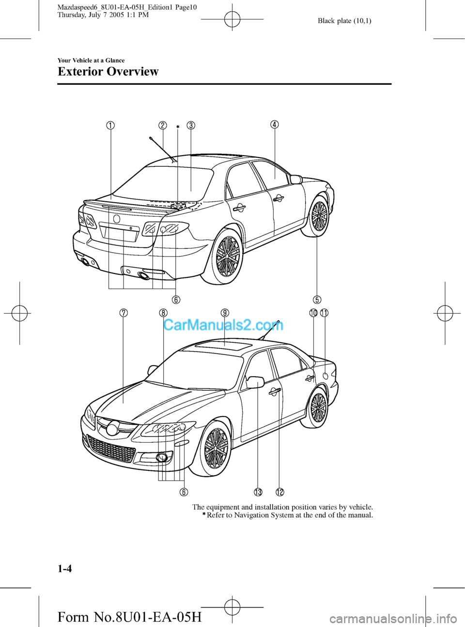 MAZDA MODEL MAZDASPEED 6 2006  Owners Manual (in English) Black plate (10,1)
The equipment and installation position varies by vehicle.
Refer to Navigation System at the end of the manual.
1-4
Your Vehicle at a Glance
Exterior Overview
Mazdaspeed6_8U01-EA-05