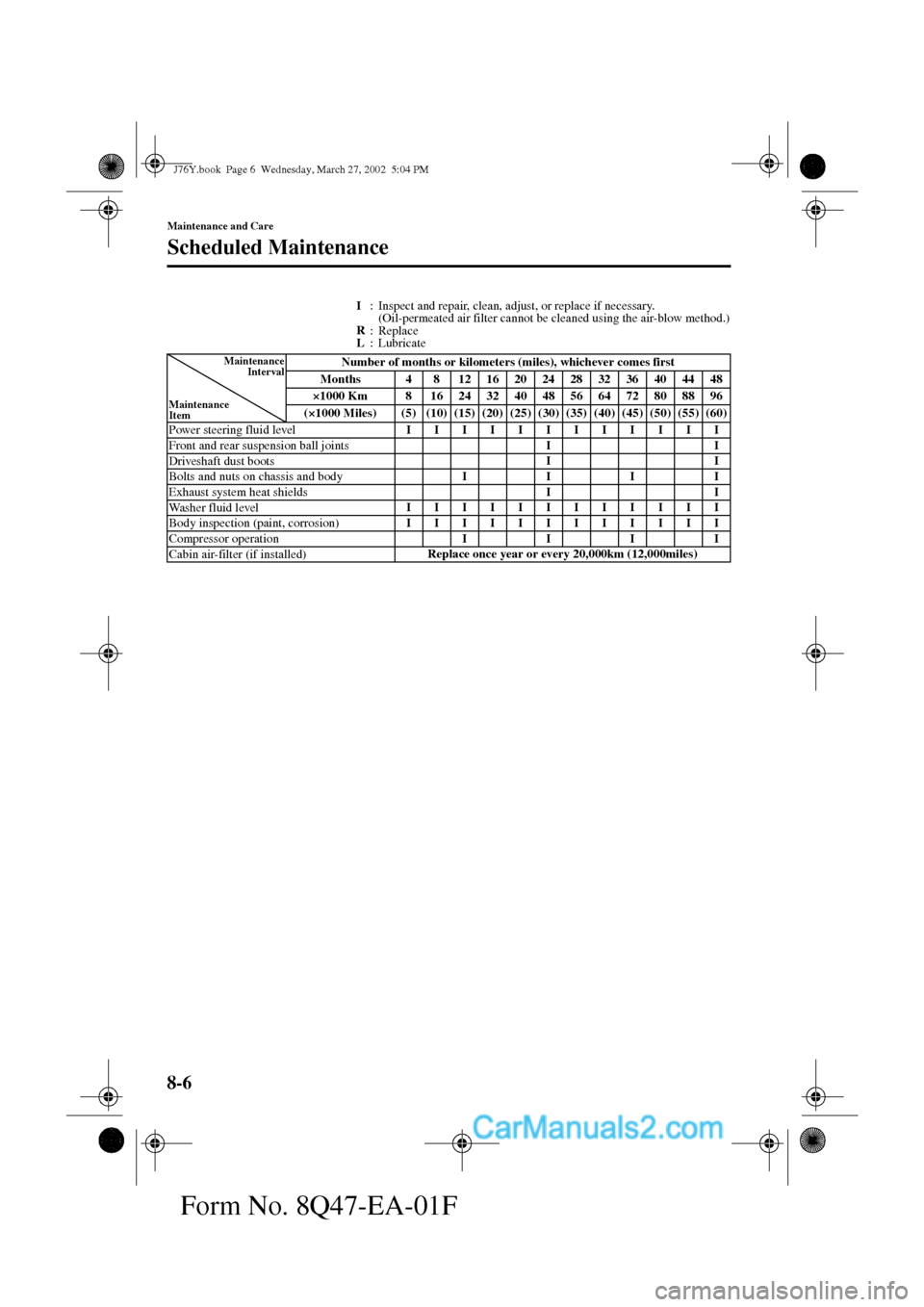 MAZDA MODEL MILLENIA 2002  Owners Manual (in English) 8-6
Maintenance and Care
Scheduled Maintenance
Form No. 8Q47-EA-01F
I
: Inspect and repair, clean, adjust, or replace if necessary.
    (Oil-permeated air filter cannot be cleaned using the air-blow m