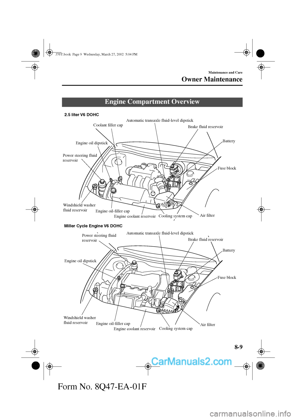 MAZDA MODEL MILLENIA 2002  Owners Manual (in English) 8-9
Maintenance and Care
Owner Maintenance
Form No. 8Q47-EA-01F
Engine Compartment Overview
2.5 liter V6 DOHC
Automatic transaxle fluid-level dipstick
Brake fluid reservoir
Battery
Fuse block Coolant 