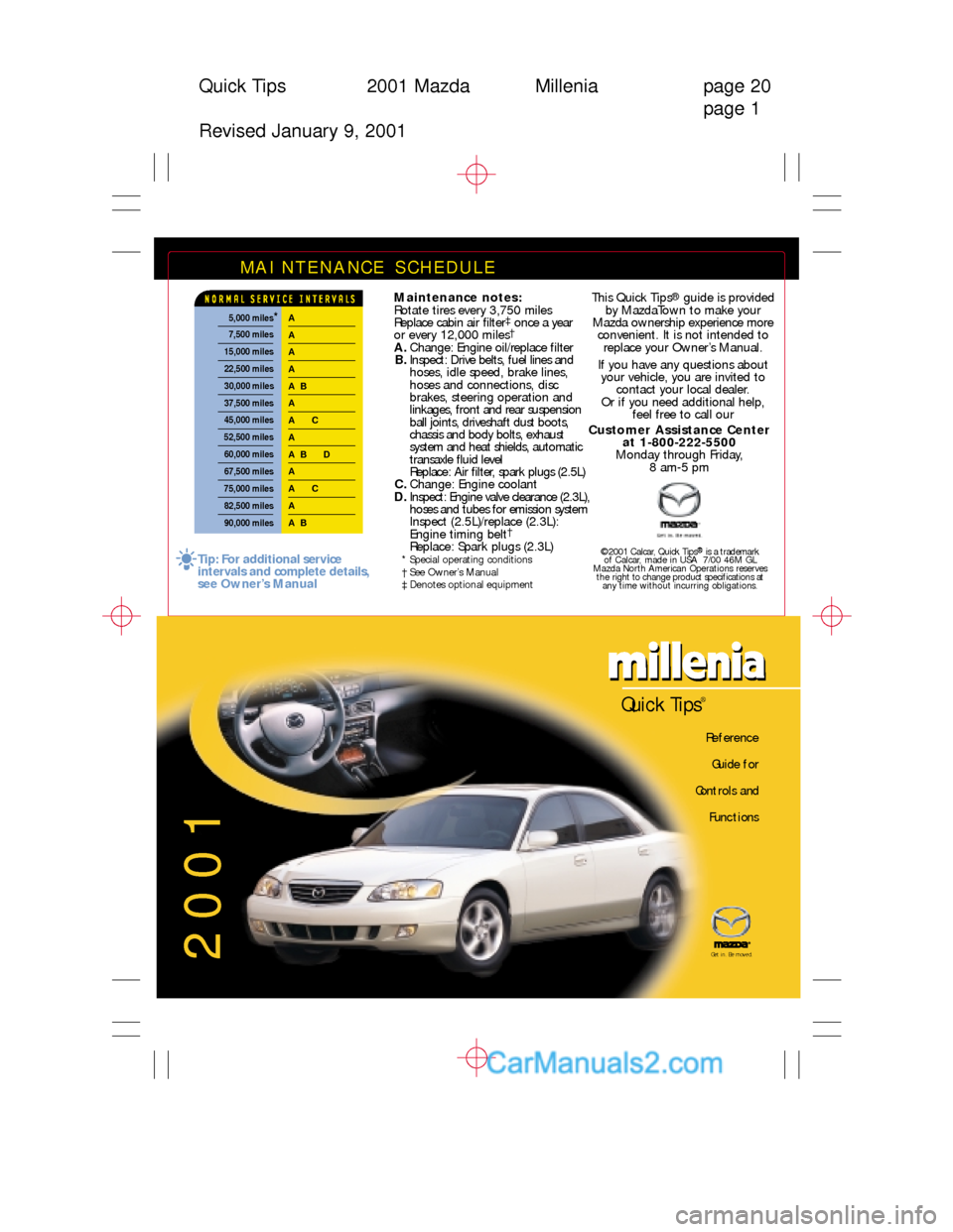 MAZDA MODEL MILLENIA 2001  Quick Tips (in English) Quick Tips 2001 Mazda Millenia page 20
page 1
Revised January 9, 2001
MAINTENANCE SCHEDULE 
Maintenance notes:
Rotate tires every 3,750 miles
Replace cabin air filter
‡once a year 
or every 12,000 m