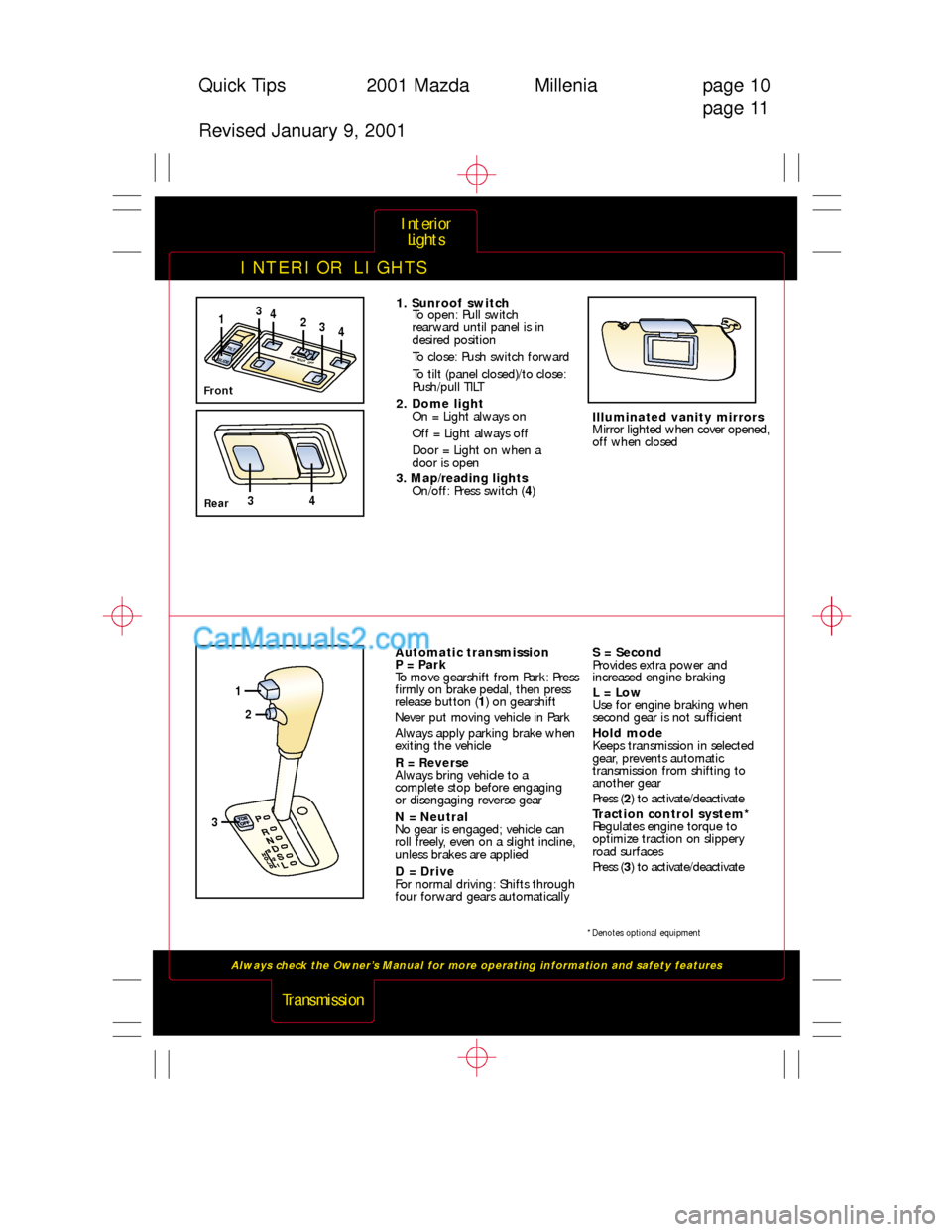 MAZDA MODEL MILLENIA 2001  Quick Tips (in English) INTERIOR LIGHTS
Always check the Owner’s Manual for more operating information and safety features 
Interior 
Lights
Transmission
Quick Tips 2001 Mazda Millenia page 10
page 11
Revised January 9, 20