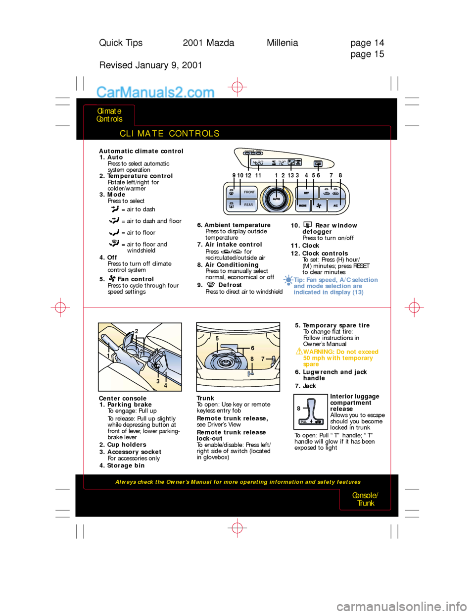 MAZDA MODEL MILLENIA 2001  Quick Tips (in English) CLIMATE CONTROLS
Always check the Owner’s Manual for more operating information and safety features 
Climate
Controls
Console/
Trunk
Quick Tips 2001 Mazda Millenia page 14
page 15
Revised January 9,