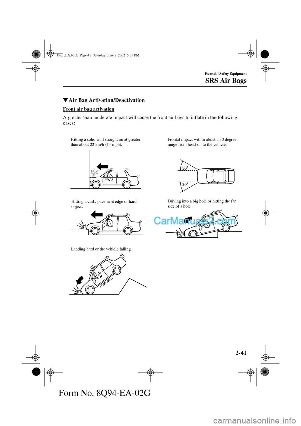 MAZDA MODEL PROTÉGÉ 2003   (in English) Workshop Manual 2-41
Essential Safety Equipment
SRS Air Bags
Form No. 8Q94-EA-02G
Air Bag Activation/Deactivation
Front air bag activation
A greater than moderate impact will cause the front air bags to inflate in t