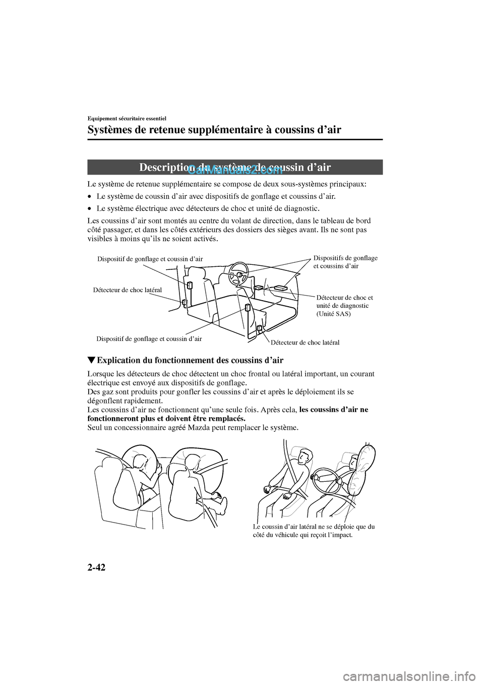 MAZDA MODEL PROTÉGÉ 2003  Manuel du propriétaire (in French) 2-42
Equipement sécuritaire essentiel
Systèmes de retenue supplémentaire à coussins d’air
Form No. 8Q95-EC-02G-F
Le système de retenue supplémentaire se compose de deux sous-systèmes principa