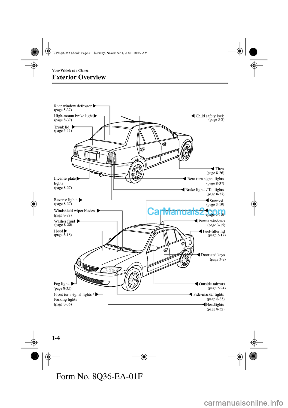 MAZDA MODEL PROTÉGÉ 2002  Owners Manual (in English) 1-4
Your Vehicle at a Glance
Form No. 8Q36-EA-01F
Exterior Overview
Door and keys
Outside mirrors
Side-marker lights 
Headlights  Fuel-filler lid Child safety lock 
Tires 
Reverse lights
Windshield wi